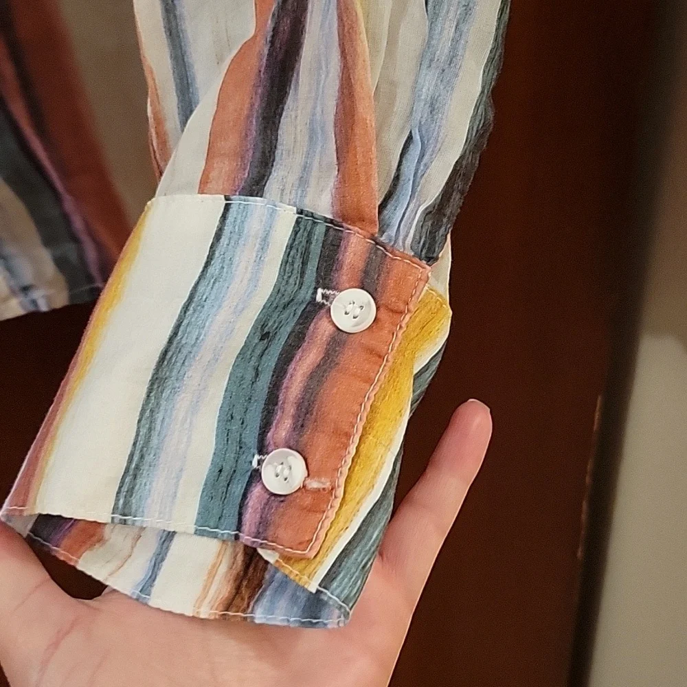 Bella Dahl | Colorful Striped Button Down Long Sleeve Blouse 100% Rayon - Size L - Picture 5 of 10